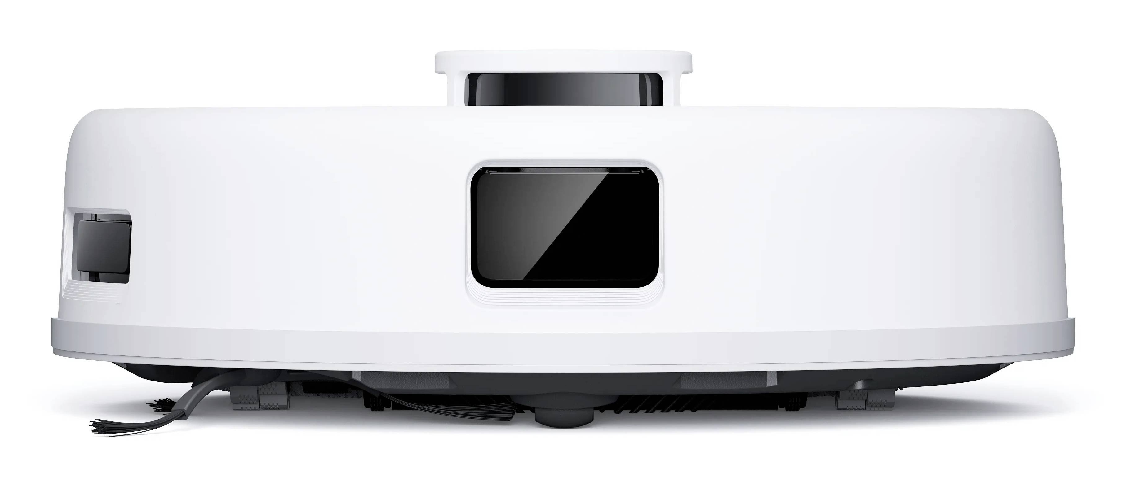 Un aspirapolvere robotico bianco con un sensore centrale sulla parte superiore, progettato per la pulizia automatica dei pavimenti.