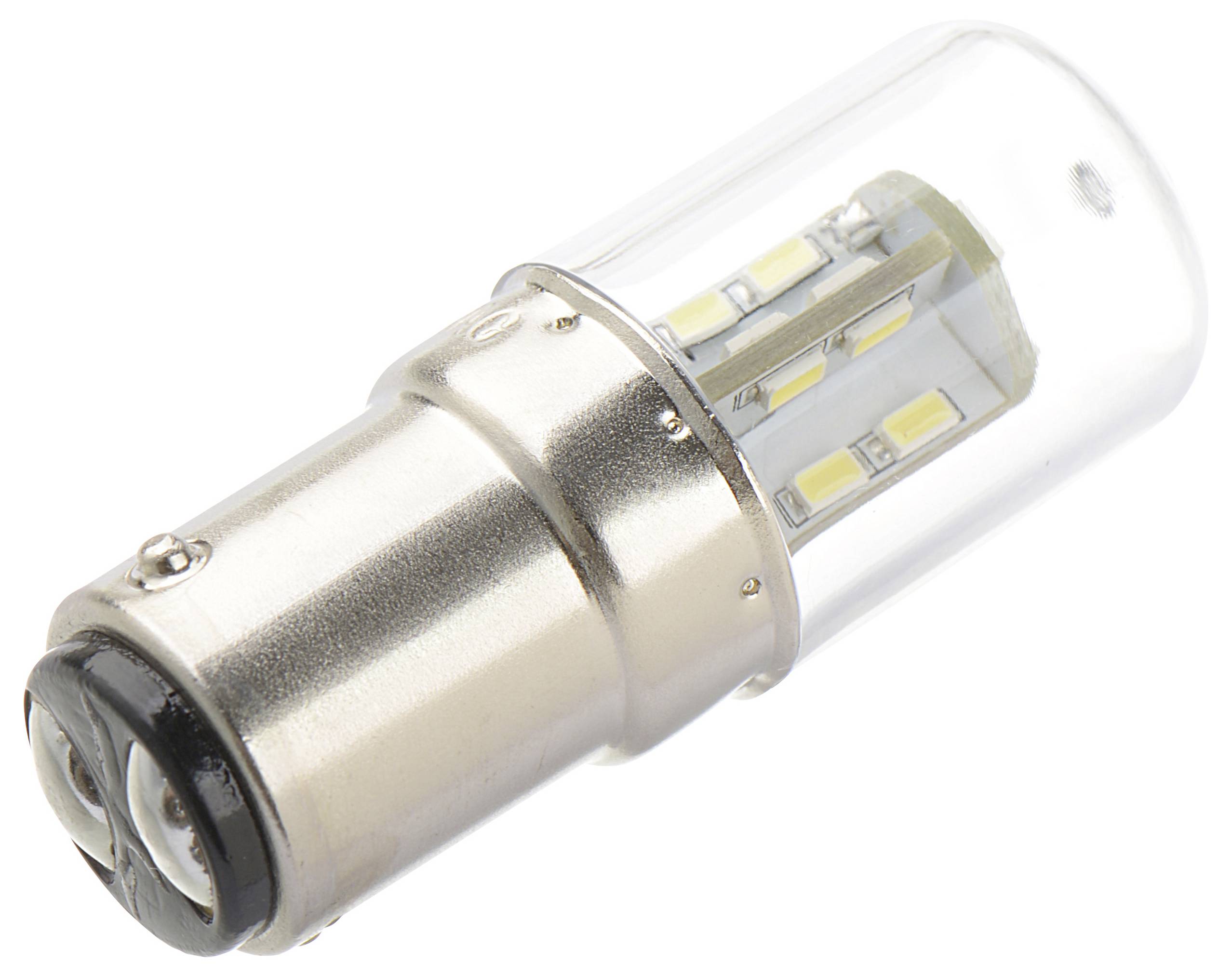 Una piccola lampadina LED cilindrica con base metallica e coperchio trasparente che mostra al suo interno molteplici elementi LED.