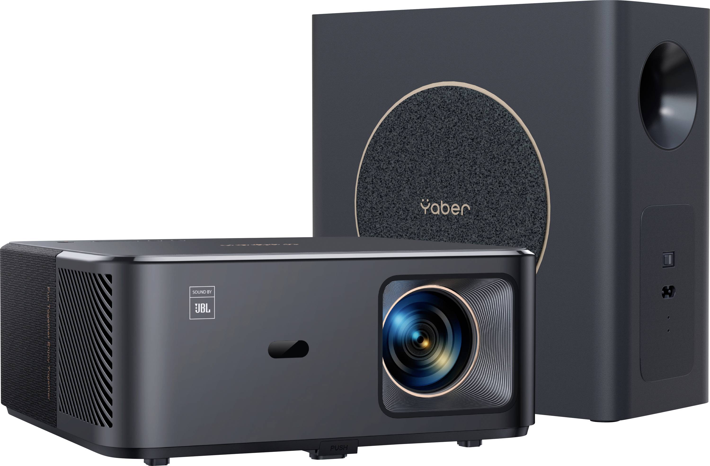 Sistema di proiettore e altoparlanti 'Yaber' con audio JBL, caratterizzato da un design nero elegante e un obiettivo prominente per un'esperienza audio-visiva migliorata.