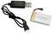 Caricabatterie USB con cavo e una piccola batteria rettangolare in polimeri di litio con connettore a fili rosso e nero.