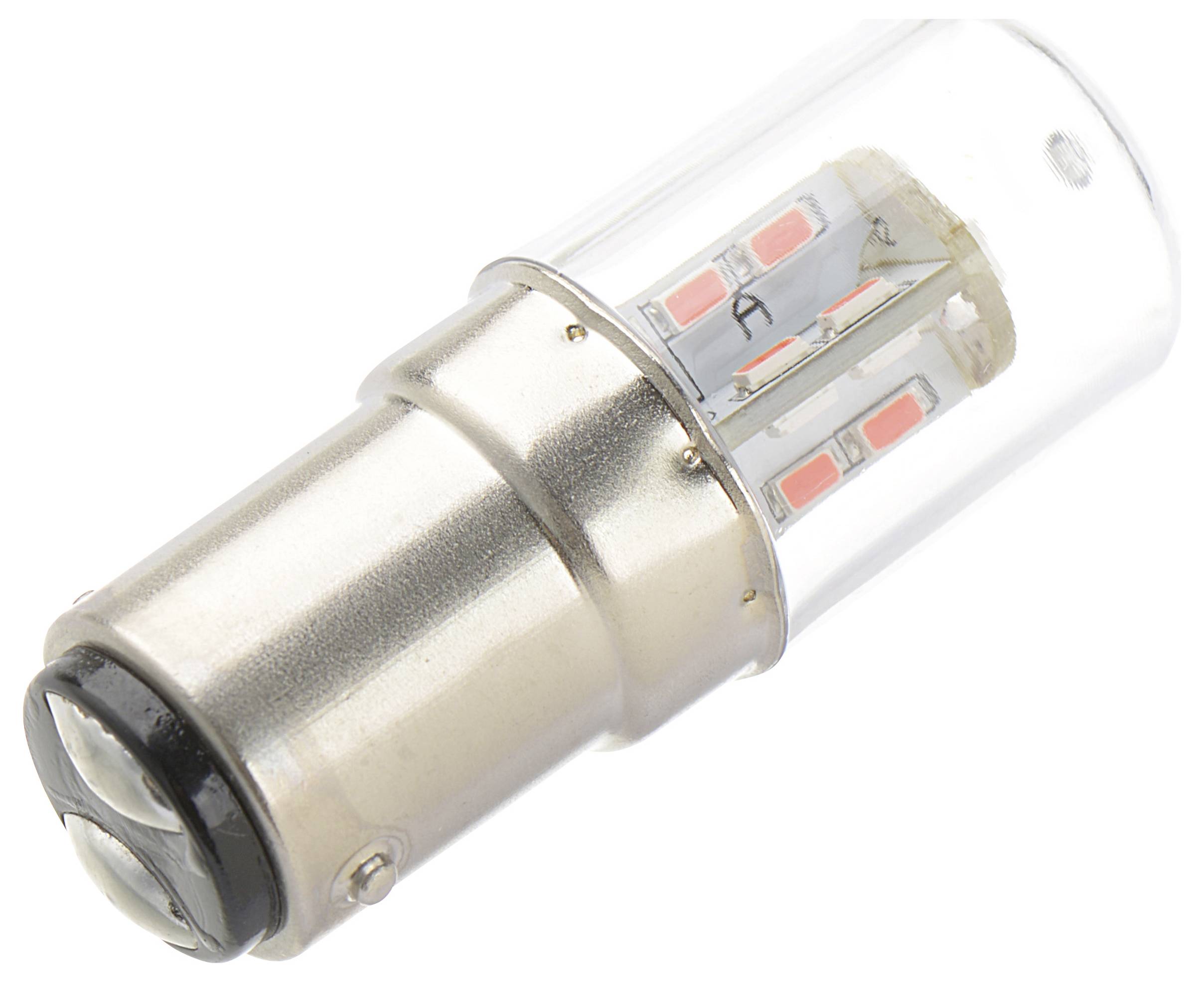 Una lampadina LED trasparente con base metallica e componenti interni visibili.