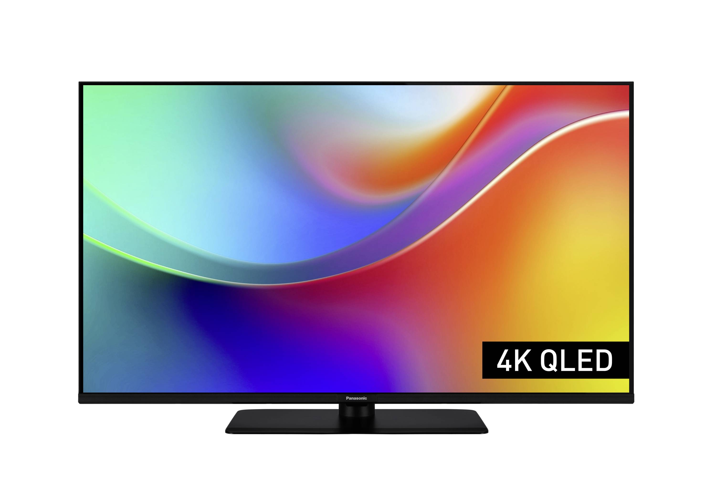 Un televisore con schermo piatto che mostra un design multicolore vivace con il testo '4K QLED' nell'angolo, che indica la tecnologia di visualizzazione.