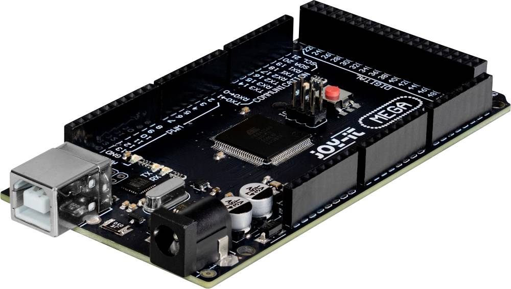 Scheda Arduino Mega 2560 dotata di porta USB, jack di alimentazione, microcontrollore e intestazioni pin per vari progetti elettronici.