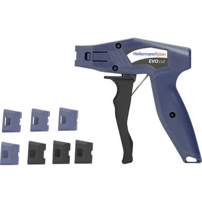 Un tagliacintie blu etichettato 'HellermannTyton EVOcut', con sei lame metalliche intercambiabili poste accanto per tagliare fascette di diverse dimensioni.