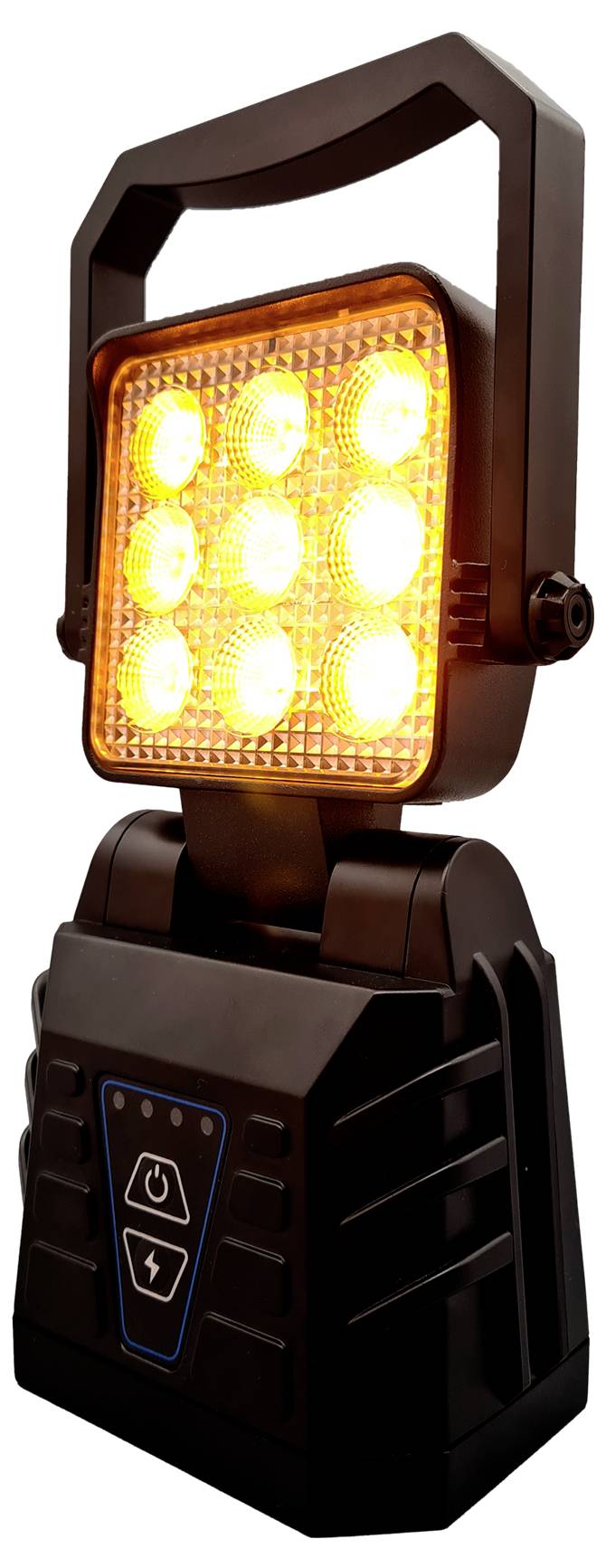 Un riflettore portatile nero con una maniglia, che emette un bagliore arancione brillante proveniente da nove LED circolari disposti in una griglia 3x3.