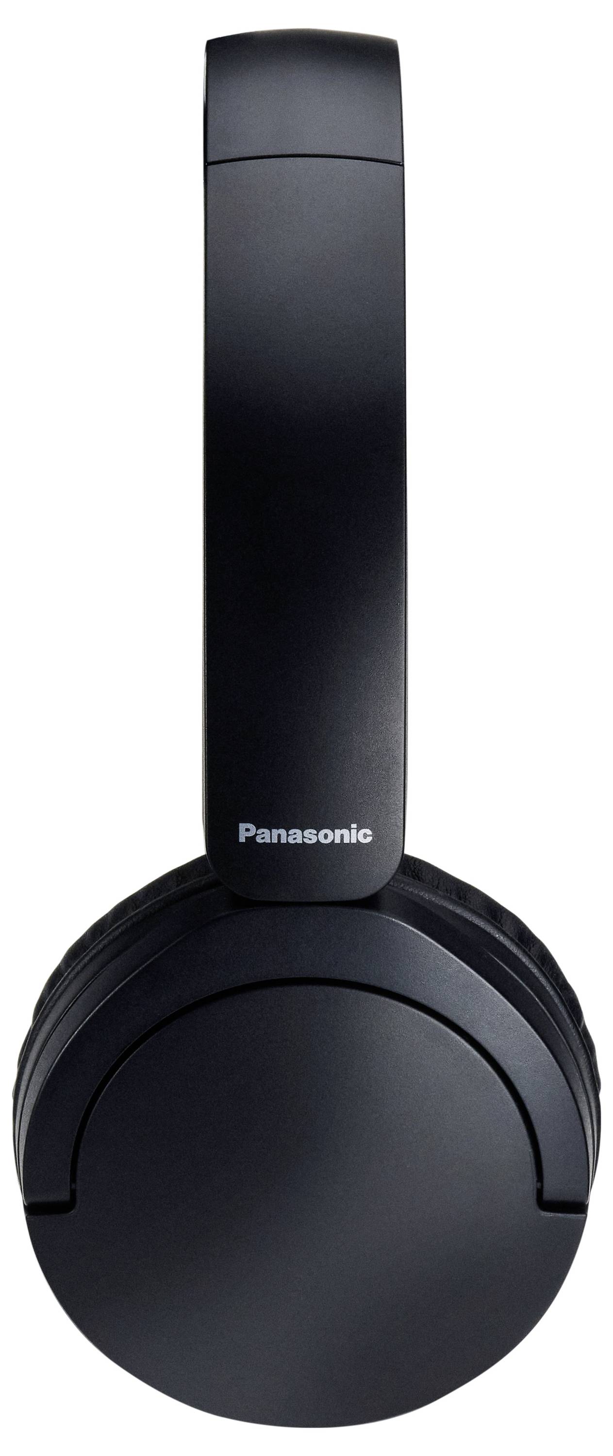 Un paio di cuffie over-ear Panasonic nere dal design elegante, riprese frontalmente, con il logo del marchio sul padiglione.