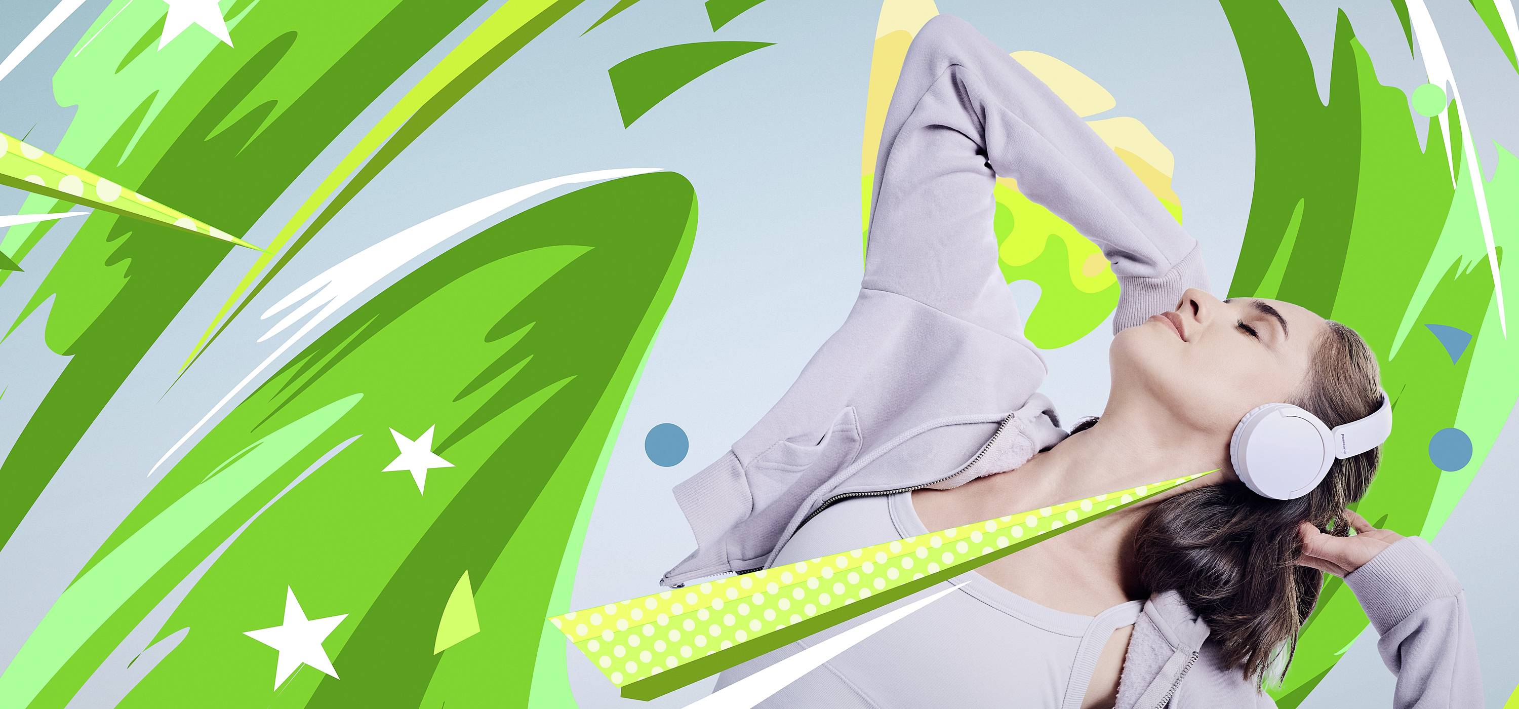 Una persona con le cuffie ascolta musica con gli occhi chiusi, circondata da forme astratte vibranti di verde e giallo che trasmettono energia e movimento.