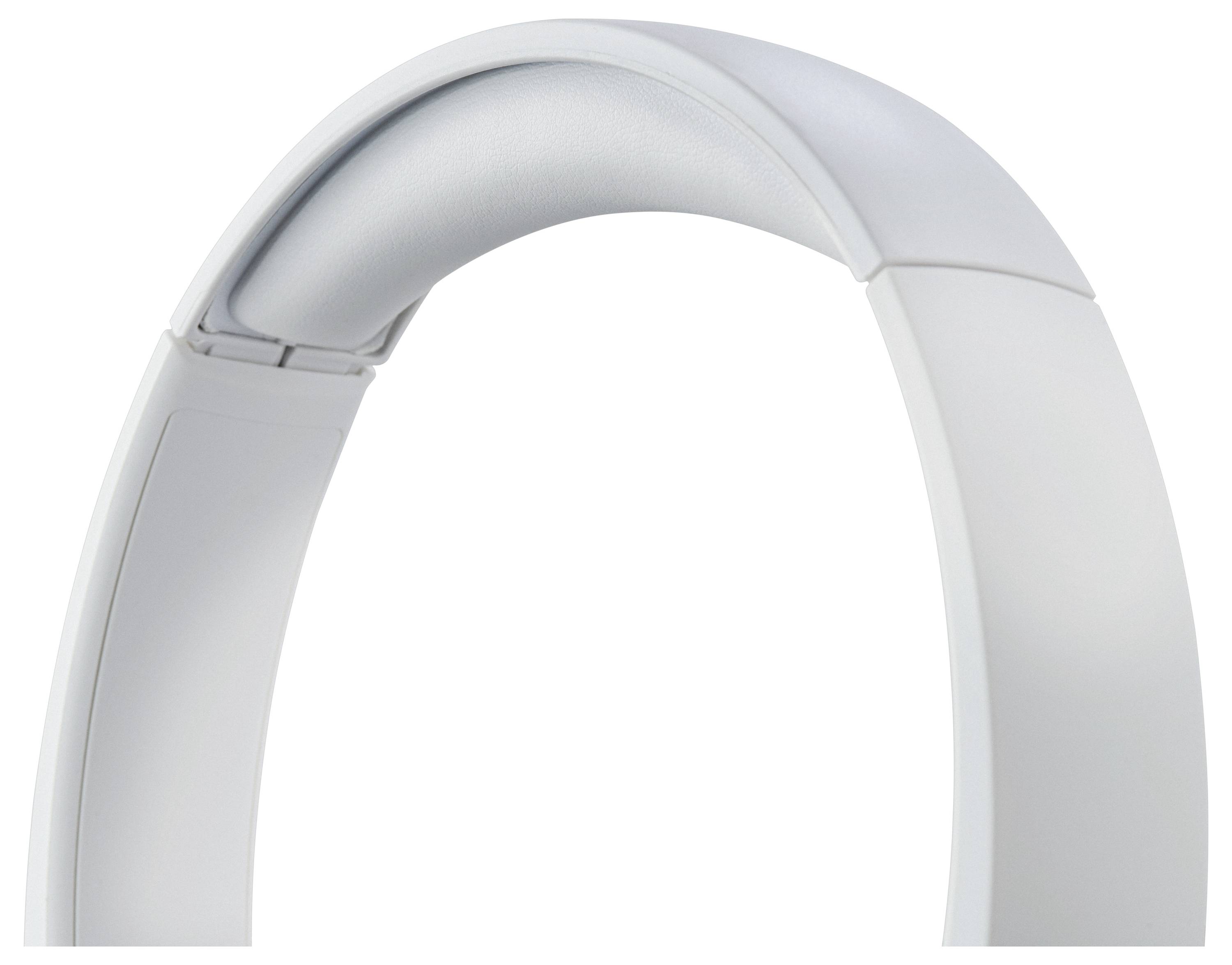 Una vista ravvicinata della fascia di una cuffia over-ear bianca, che mostra il suo design elegante e il lato interno imbottito per il comfort.