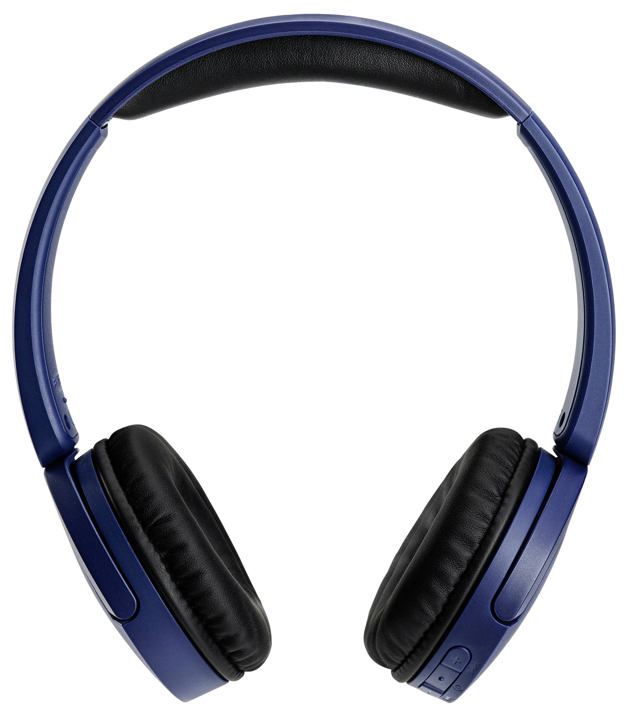 Cuffie wireless blu con padiglioni e archetto nero, vista frontale.