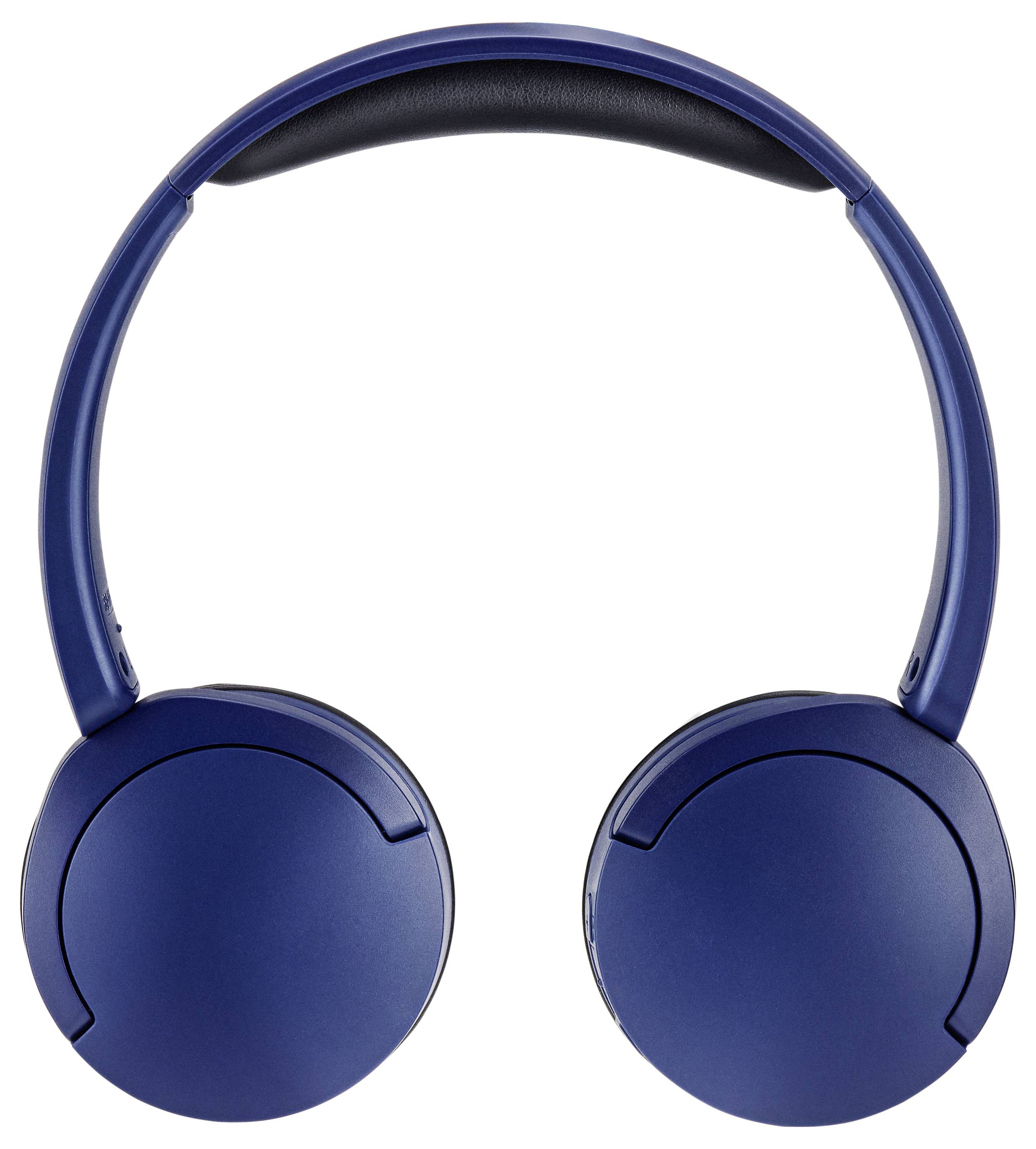 Cuffie wireless blu over-ear con fascia poggiatesta imbottita, riprese su sfondo bianco.