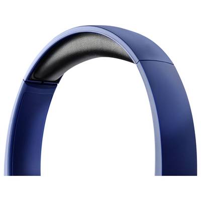 Un primo piano della fascia di cuffie over-ear blu con imbottitura nera, che evidenzia il suo design e l'ammortizzazione.