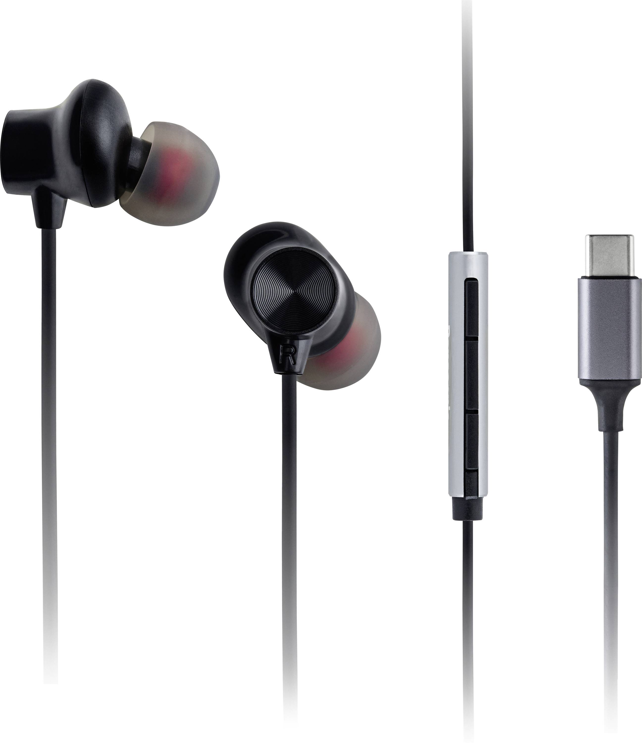 Cuffie in-ear nere con connettore USB-C, dotate di telecomando inline con tre pulsanti.