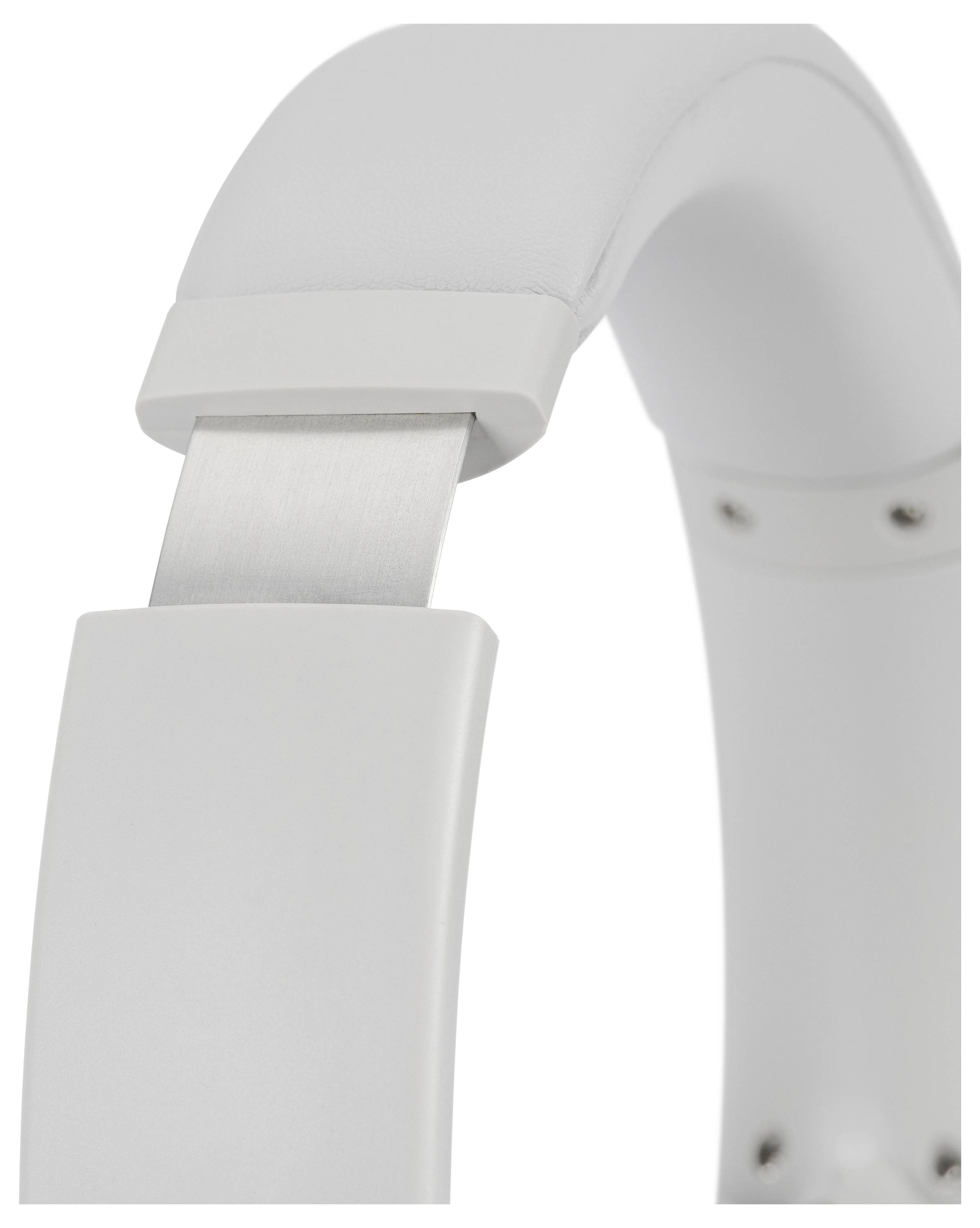 Un primo piano di una cuffia over-ear bianca che mostra il meccanismo del archetto regolabile con dettagli in metallo.