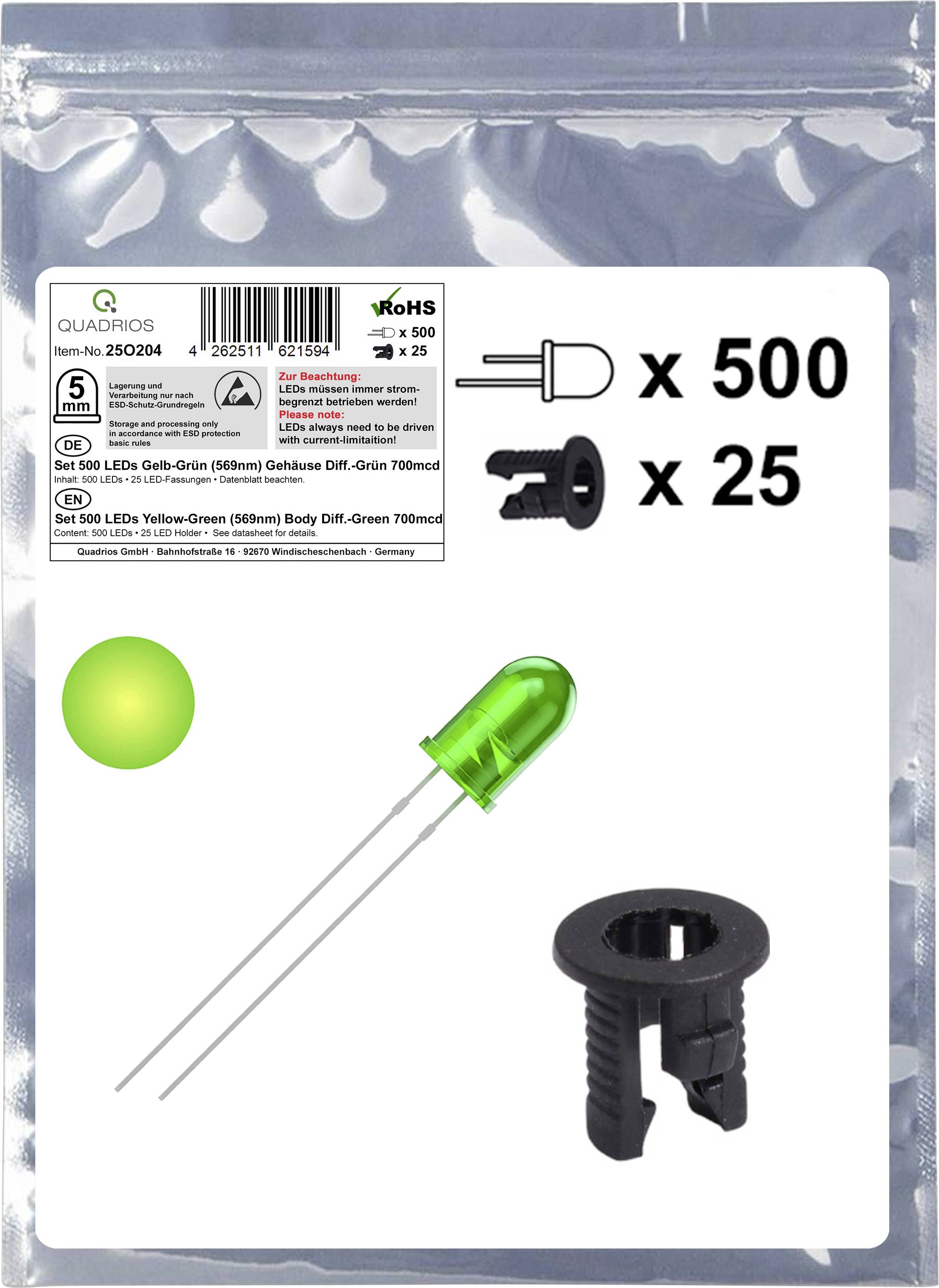 Quadrios 25O204 Assortimento LED Giallo-Verde Rotondo 5 mm 700 mcd 20 mA 2.0 V
