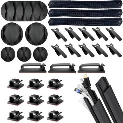 Un kit per la gestione dei cavi comprendente clip, supporti, guaine e fascette in colore nero, progettato per organizzare e fissare diversi tipi di cavi.
