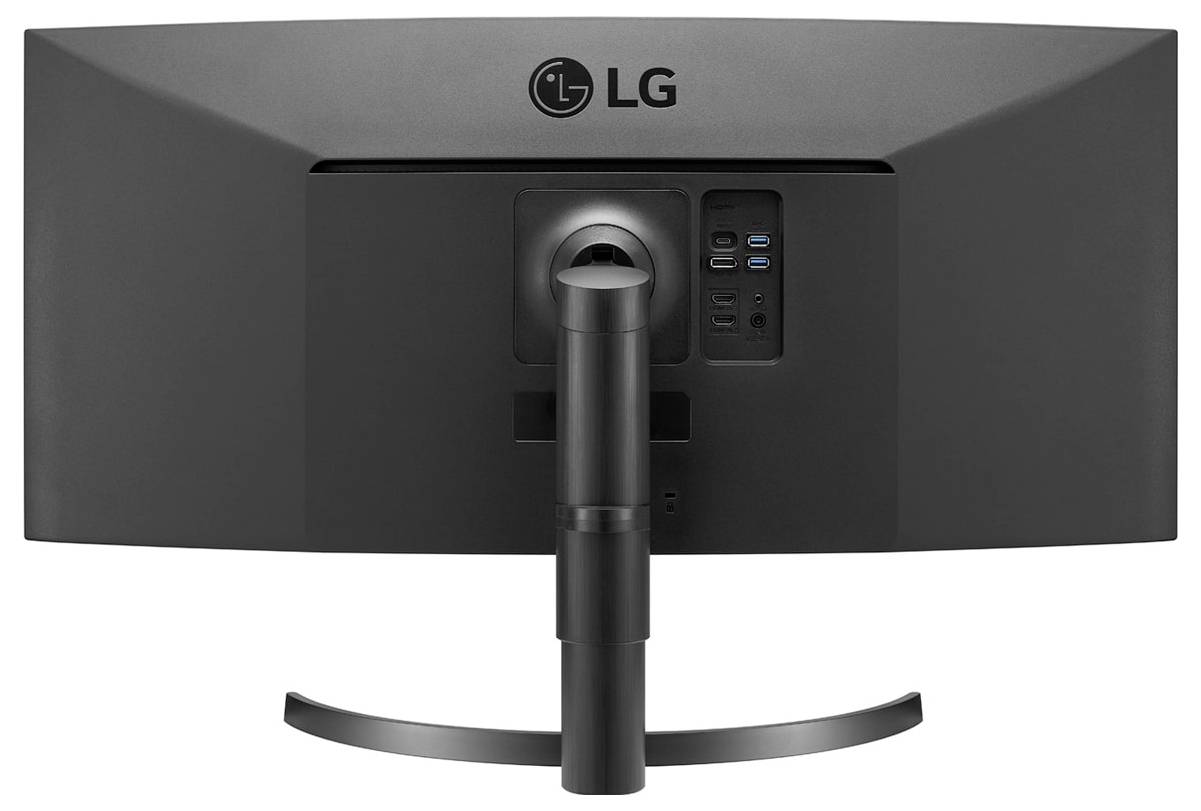 Vista posteriore di un monitor widescreen LG con un supporto curvo e porte visibili tra cui USB e HDMI.