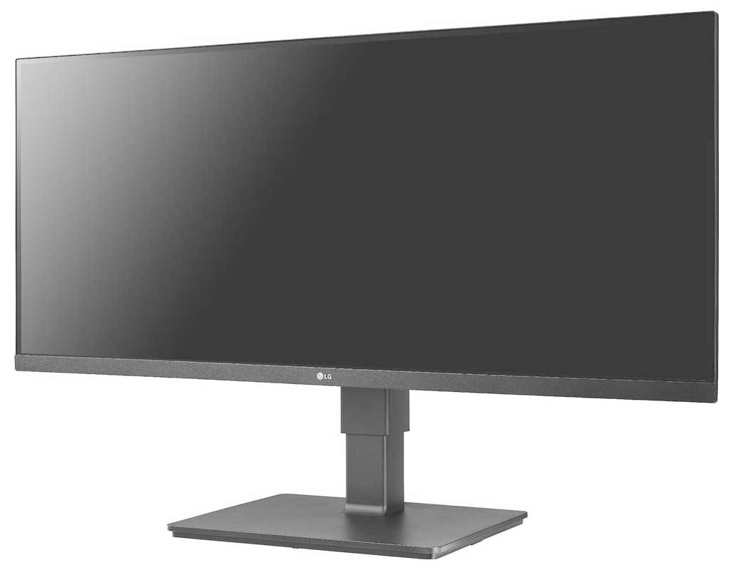 Un monitor per computer widescreen con un piedistallo elegante, cornice nera e nessun contenuto visibile sullo schermo.
