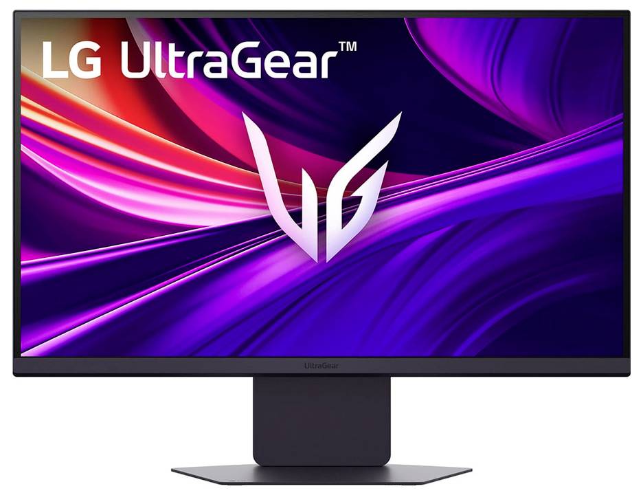Un monitor LG UltraGear ad alta risoluzione con un design astratto dinamico sullo schermo, che mostra vivaci volute viola e rosa.