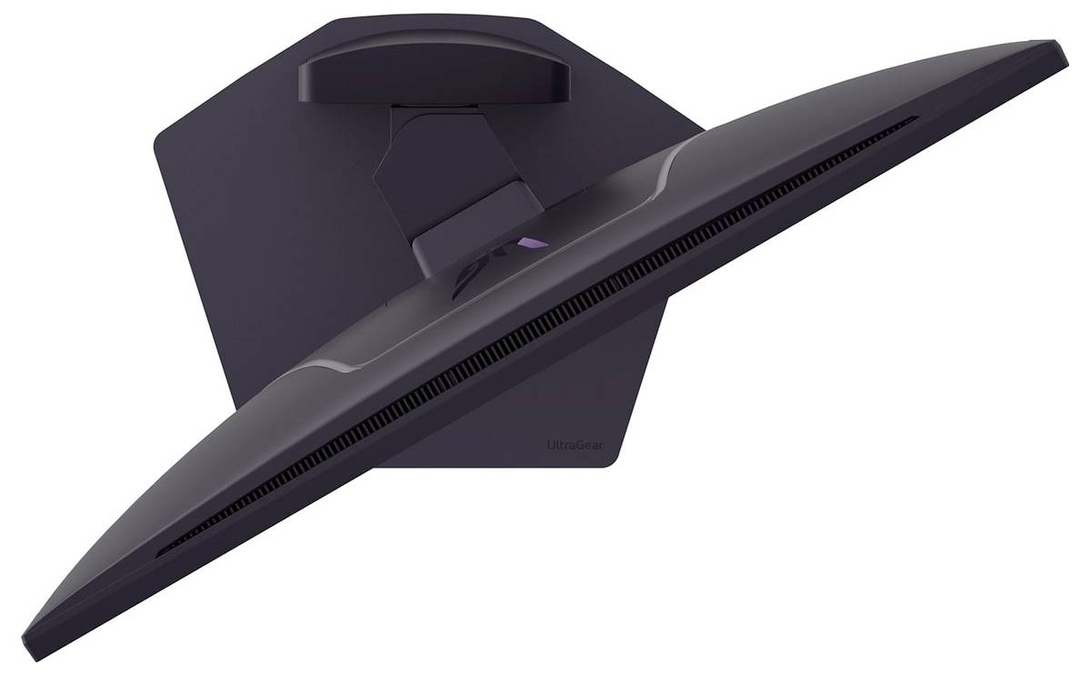 Un monitor curvo per computer visto dall'alto, che mostra il suo design elegante e il profilo sottile con una cornice simmetrica e dolcemente arcuata.