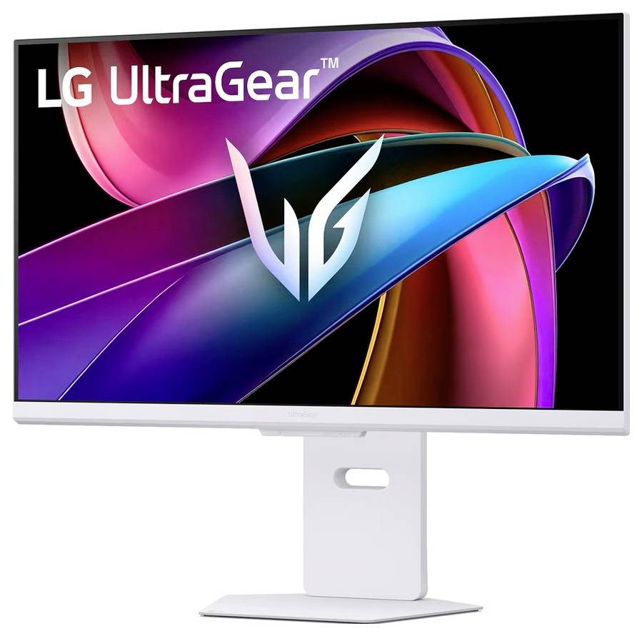 Monitor da gaming 'LG UltraGear' con un design astratto vibrante sullo schermo, che sottolinea un display visivo di alta qualità e funzionalità di gioco avanzate.