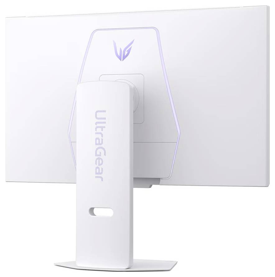 Un monitor per computer elegante e bianco visto da dietro, con il logo del marchio e il testo 'UltraGear' sul supporto.