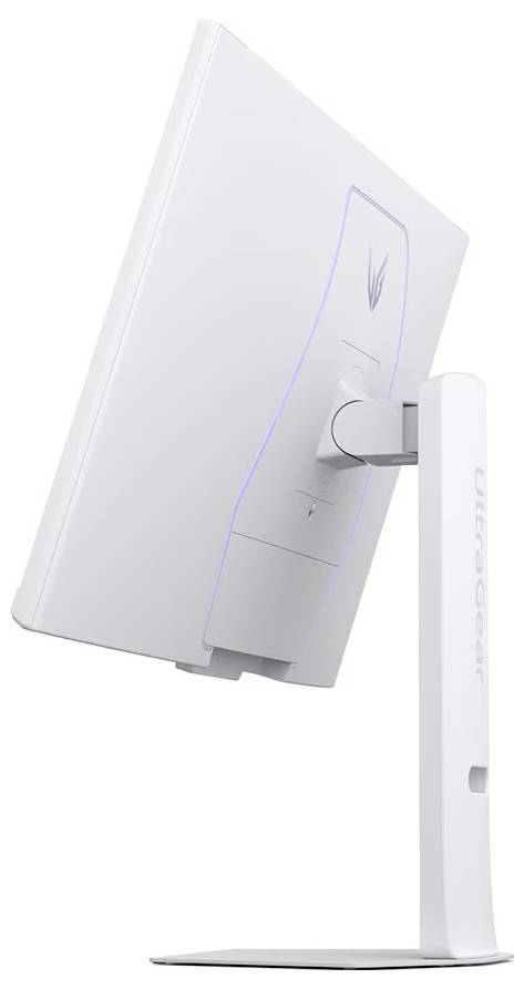 Un monitor bianco e sottile, visto di lato, che mette in risalto il suo profilo elegante e il suo supporto regolabile, adatto a spazi di lavoro moderni.