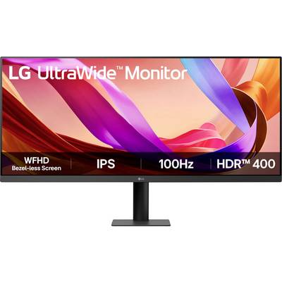 Monitor UltraWide LG con design a nastro vibrante; caratteristiche incluse WFHD, IPS, 100Hz, HDR 400 e schermo senza cornice.
