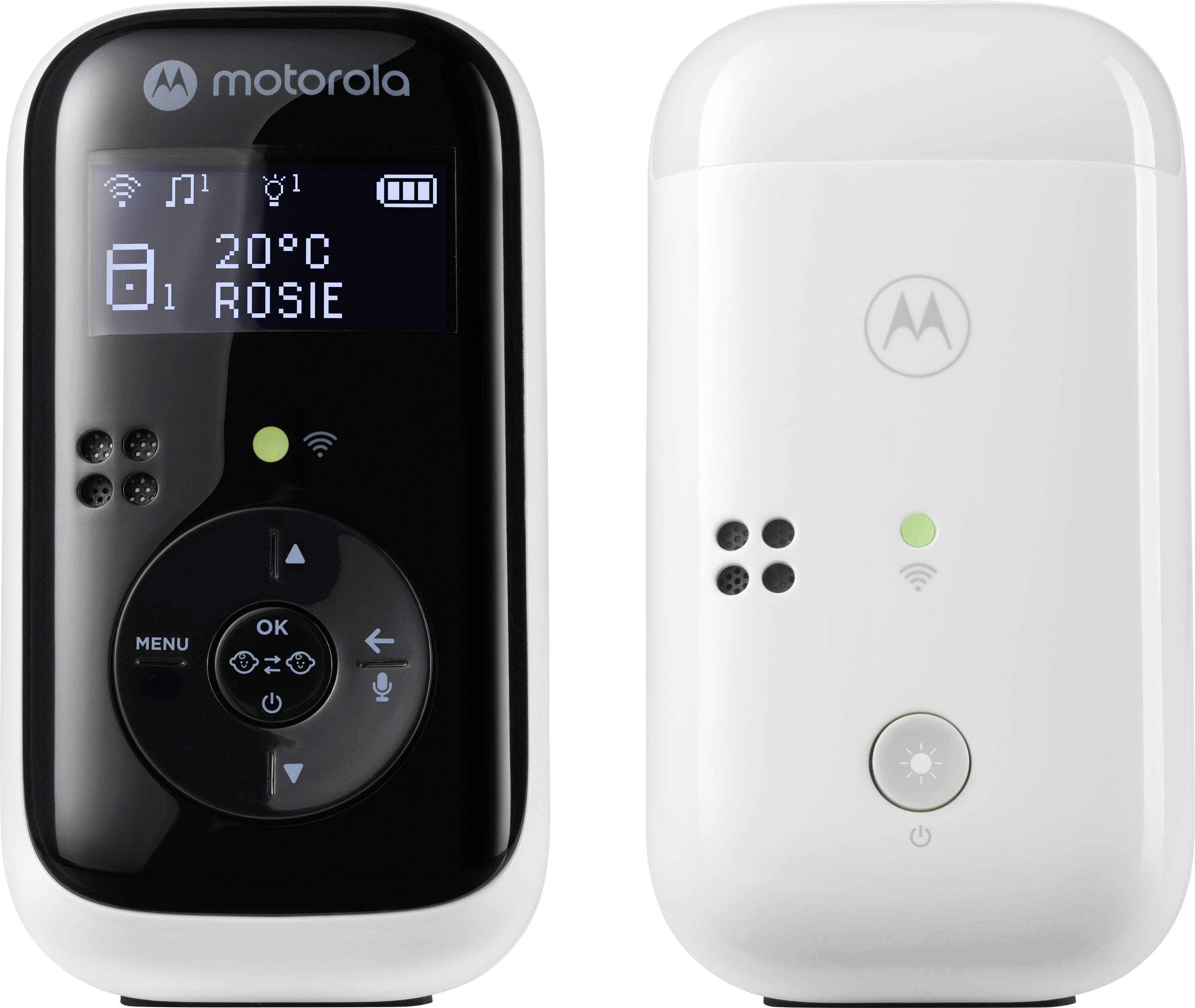 Sistema di baby monitor digitale che mostra la temperatura '20°C' e il nome 'ROSIE' con pulsanti di controllo sul dispositivo di sinistra e un'unità compagna bianca sulla destra.