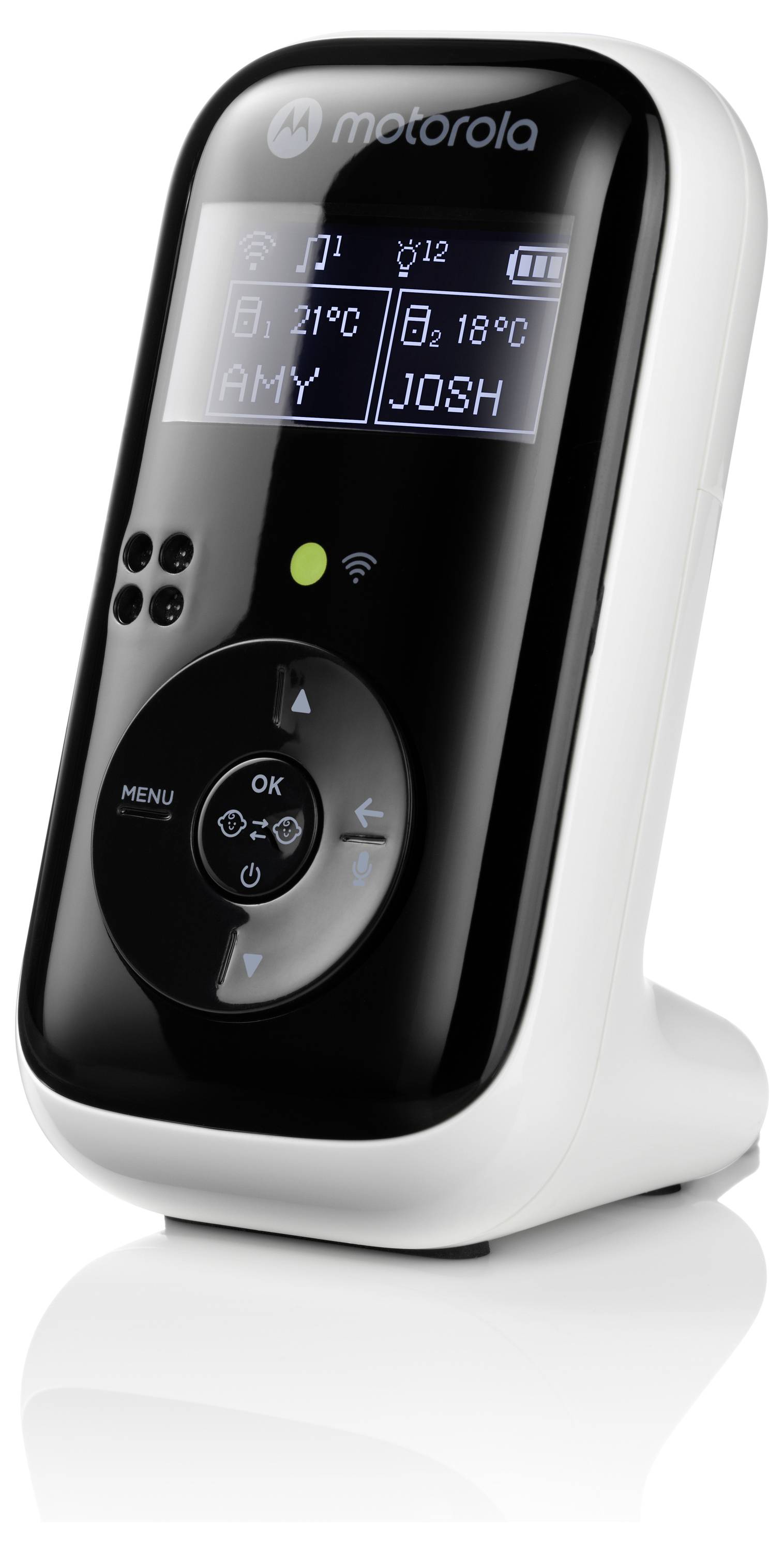 Un monitor digitale per bambini che mostra icone della temperatura e i nomi 'AMY' e 'JOSH'. Dispone di pulsanti per la navigazione del menu e il controllo del volume.