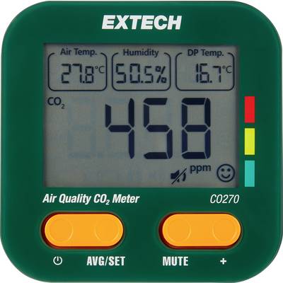 'Misuratore di qualità dell'aria Extech che mostra temperatura ambiente 27,8°C, umidità 50,5%, punto di rugiada 16,7°C e livello di CO2 458 ppm.'