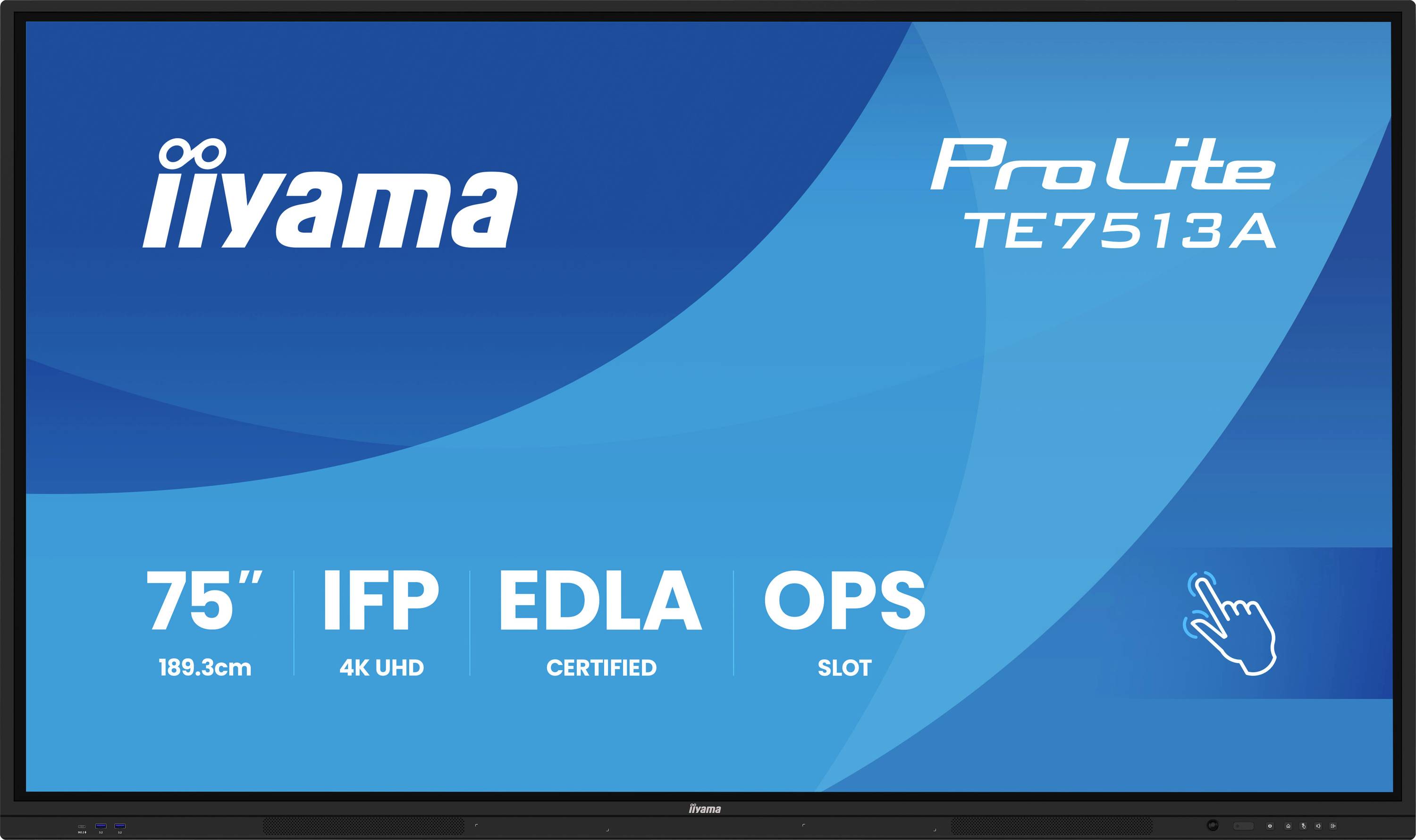 'iiyama ProLite TE7513A, display interattivo da 75" 4K UHD, tecnologia IFP, certificato EDLA, slot OPS.'