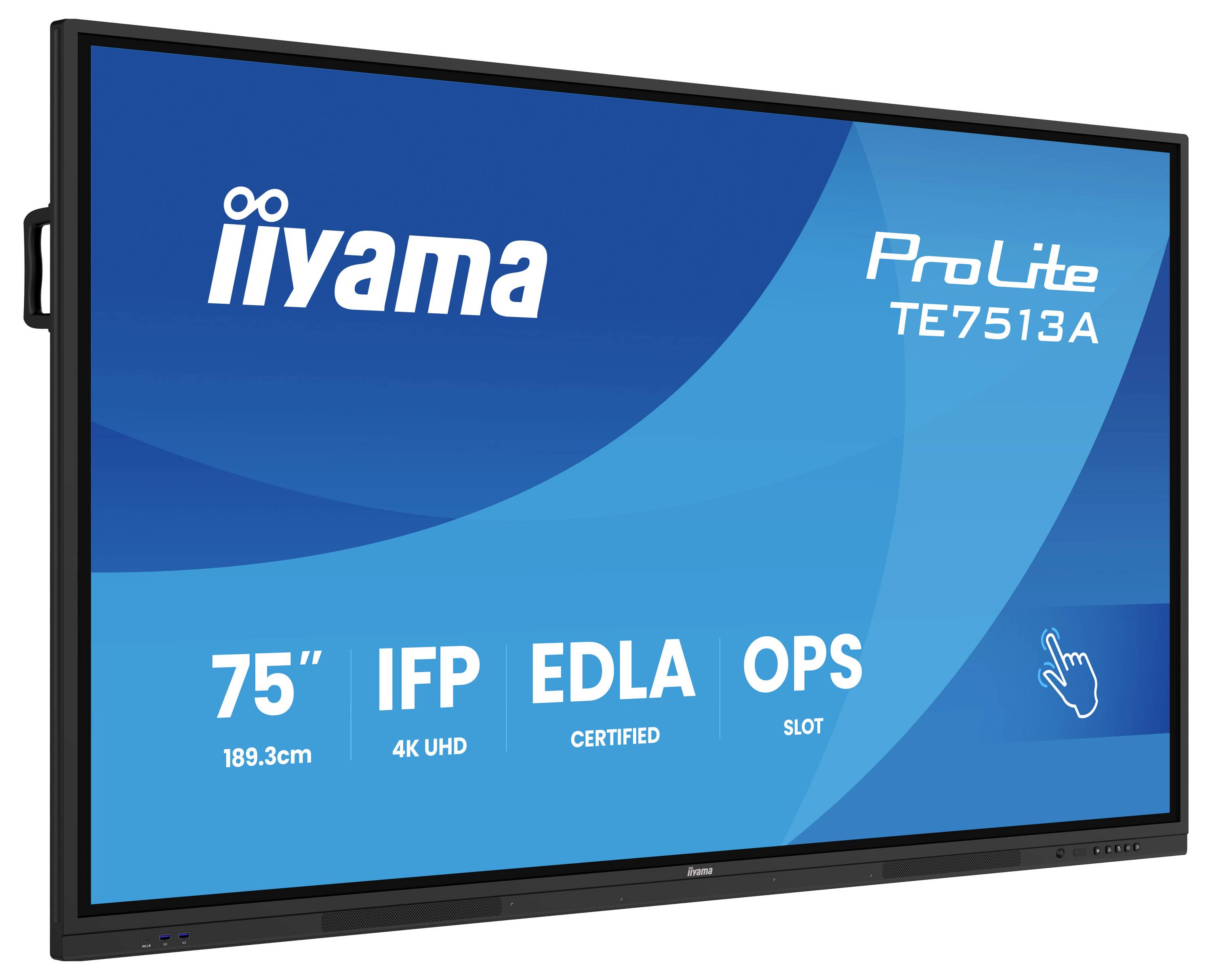'iiyama ProLite TE7513A' display interattivo piatto da 75 pollici, risoluzione 4K UHD, certificato EDLA, con slot OPS.