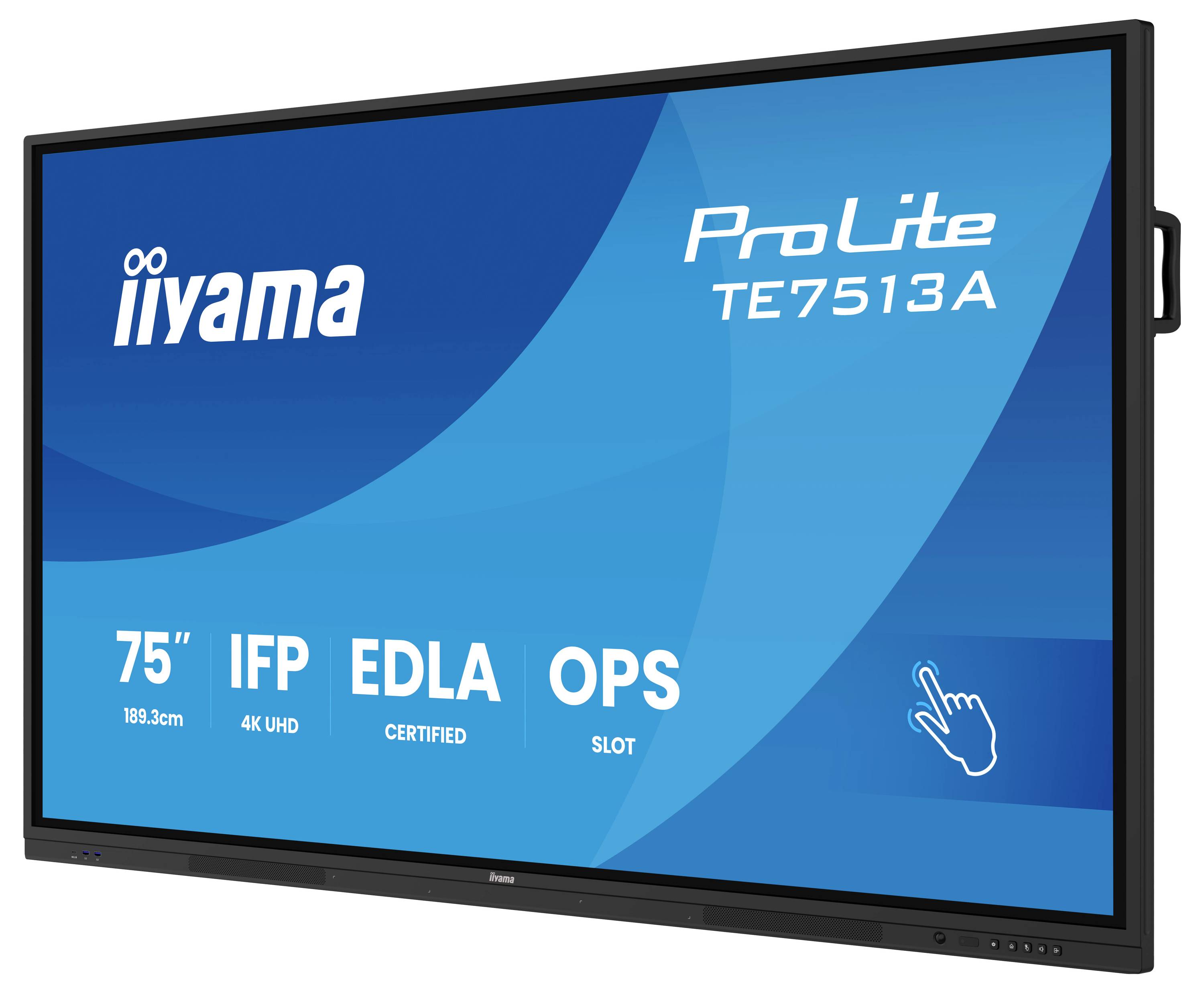 Display interattivo Iiyama ProLite TE7513A, da 75 pollici, con caratteristiche che includono risoluzione 4K UHD, IFP, certificazione EDLA, slot OPS.