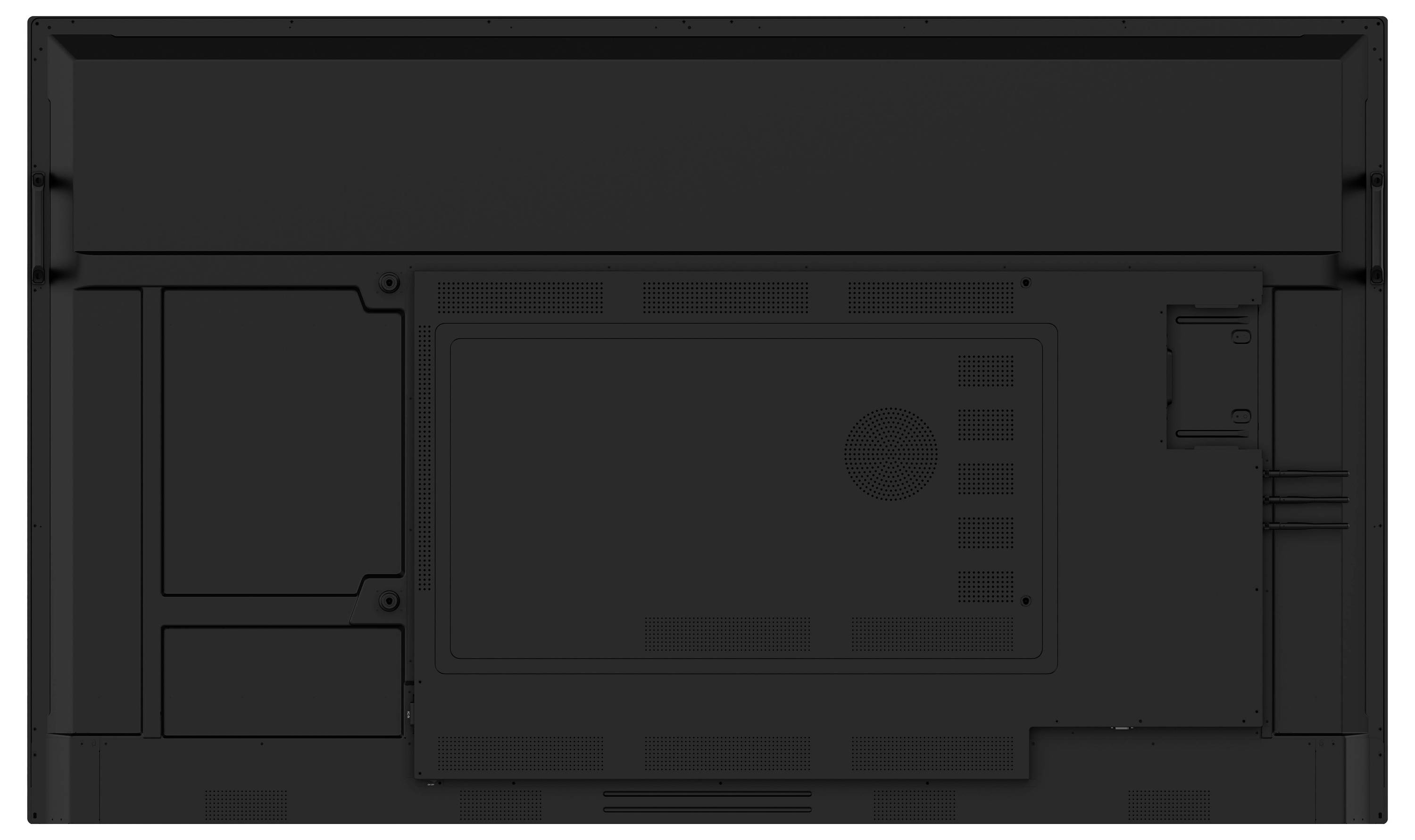 Vista posteriore di un dispositivo elettronico nero che mostra griglie di ventilazione, scomparti per pannelli e un'area centrale incassata, probabilmente per il montaggio a parete.