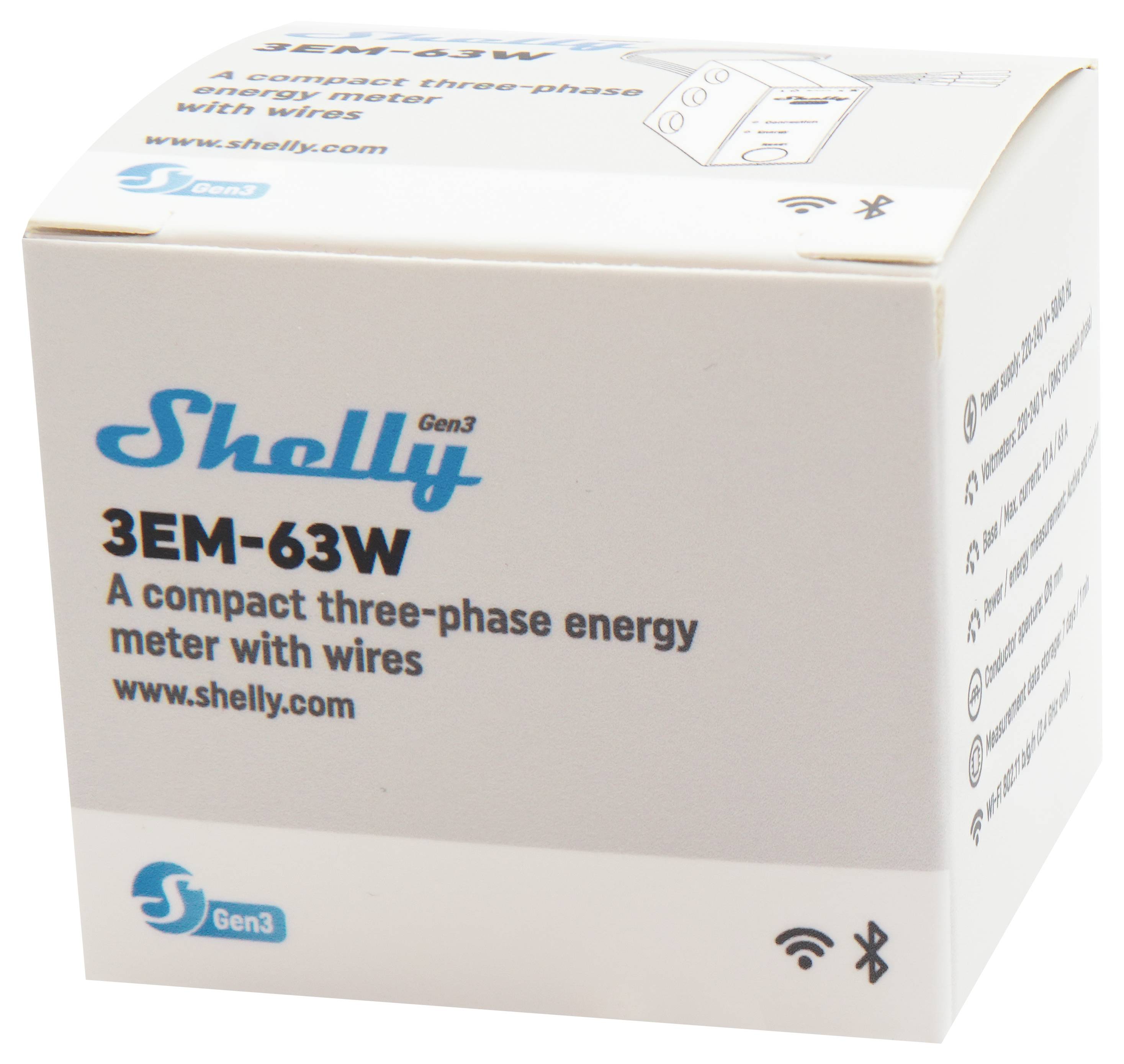 Scatola etichettata 'Shelly 3EM-63W', un misuratore di energia trifase compatto con fili, della serie Shelly Gen3, che mostra icone del sito web e wireless.