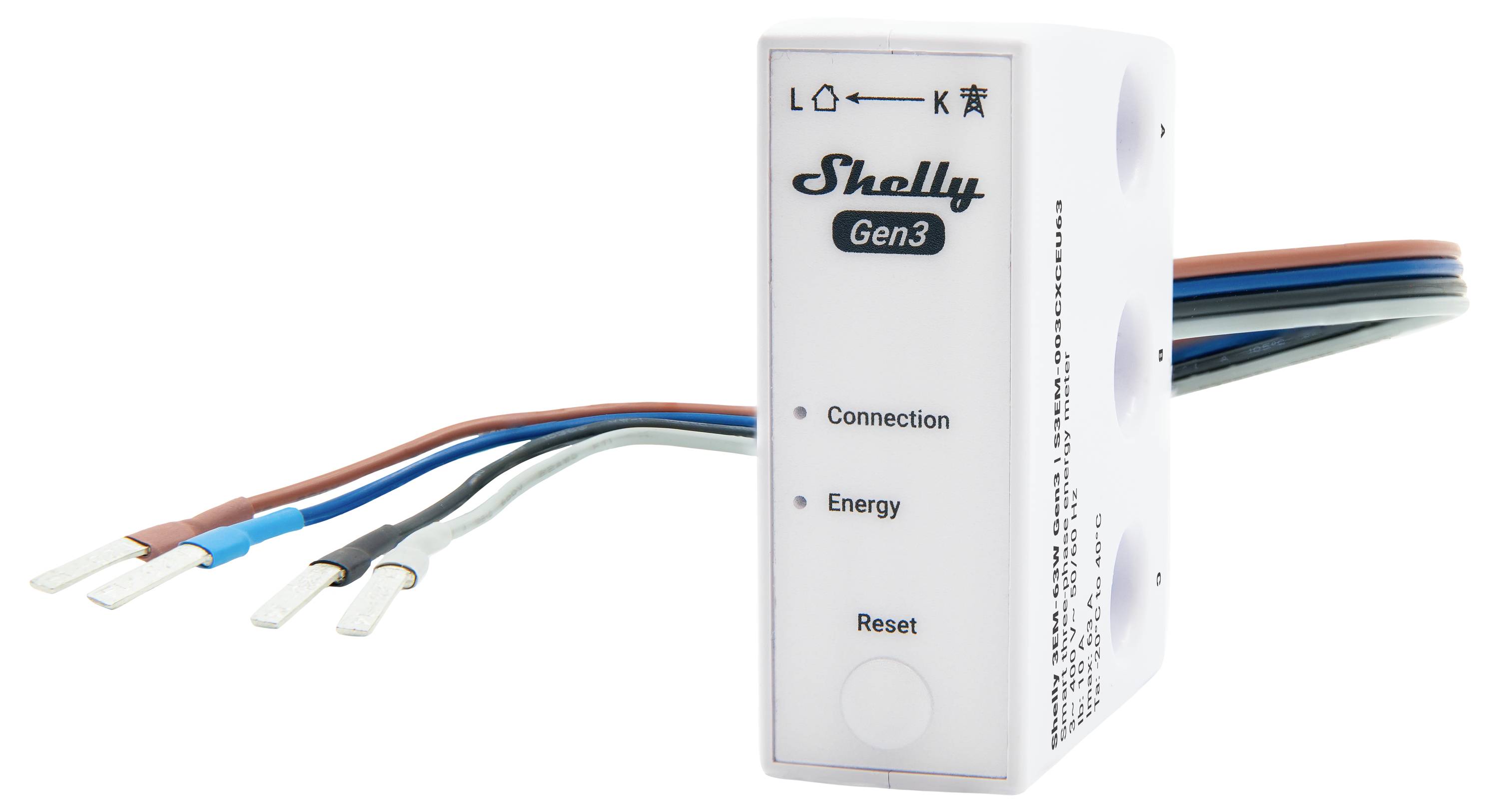 Un primo piano di un dispositivo intelligente Shelly Gen3 con etichette visibili per connessione, energia e ripristino. Quattro fili colorati si estendono dal dispositivo.