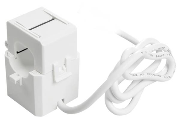 Un trasformatore di corrente bianco con forma rettangolare chiusa e bobina collegata.