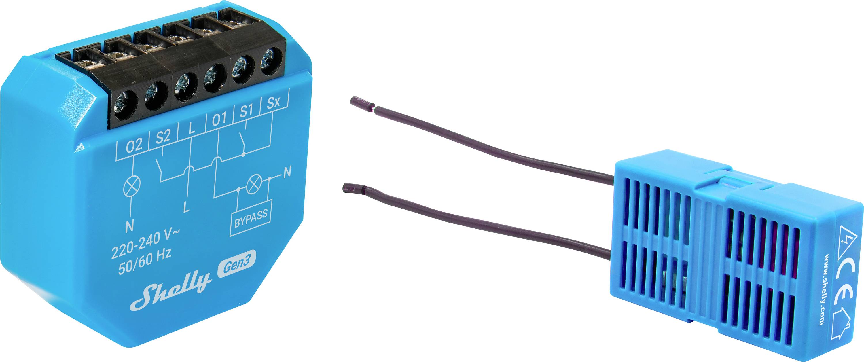 'L'immagine mostra un dispositivo smart home Shelly Gen1 con morsetti elettrici e un modulo sensore blu staccabile, che evidenzia le caratteristiche di connettività.'
