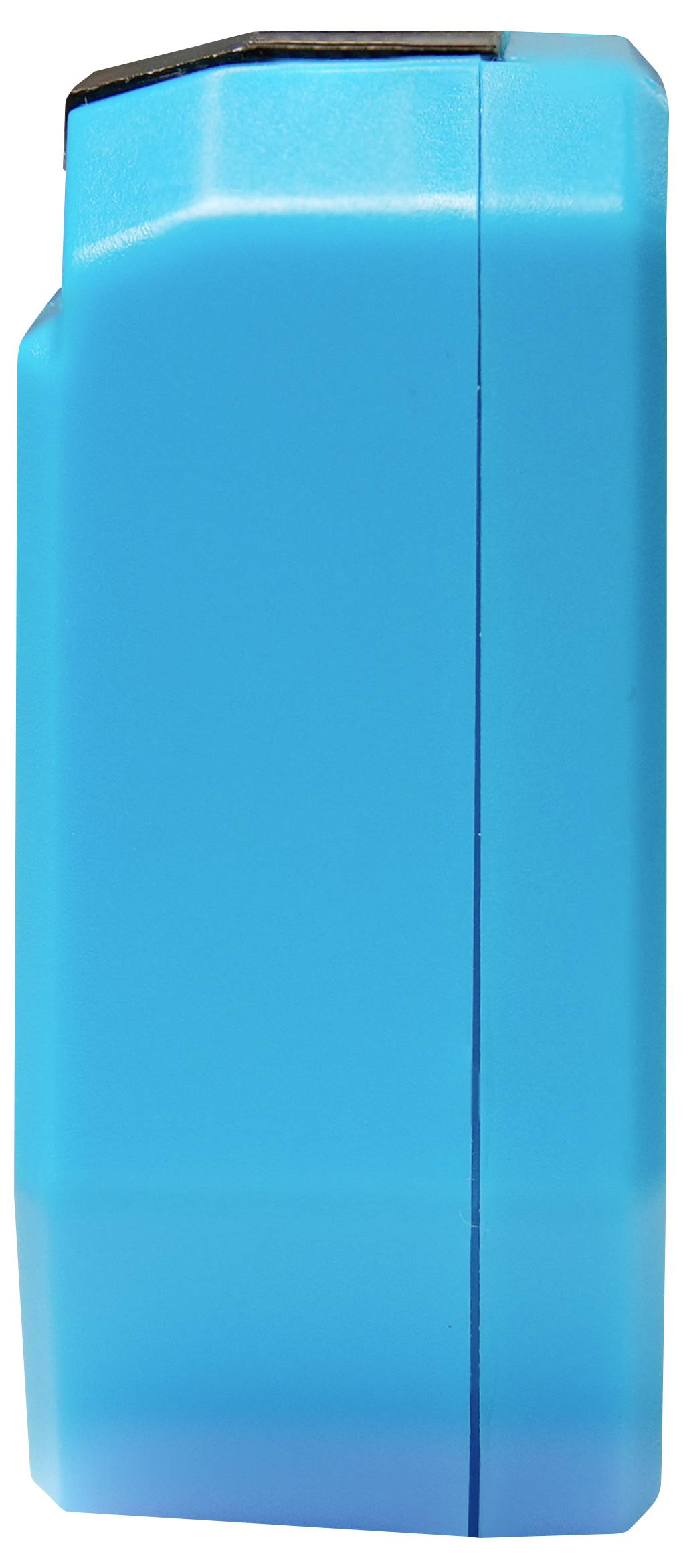 Un piccolo oggetto rettangolare blu in plastica, con una superficie superiore piatta e un bordo laterale incavato, eretto su uno sfondo bianco.