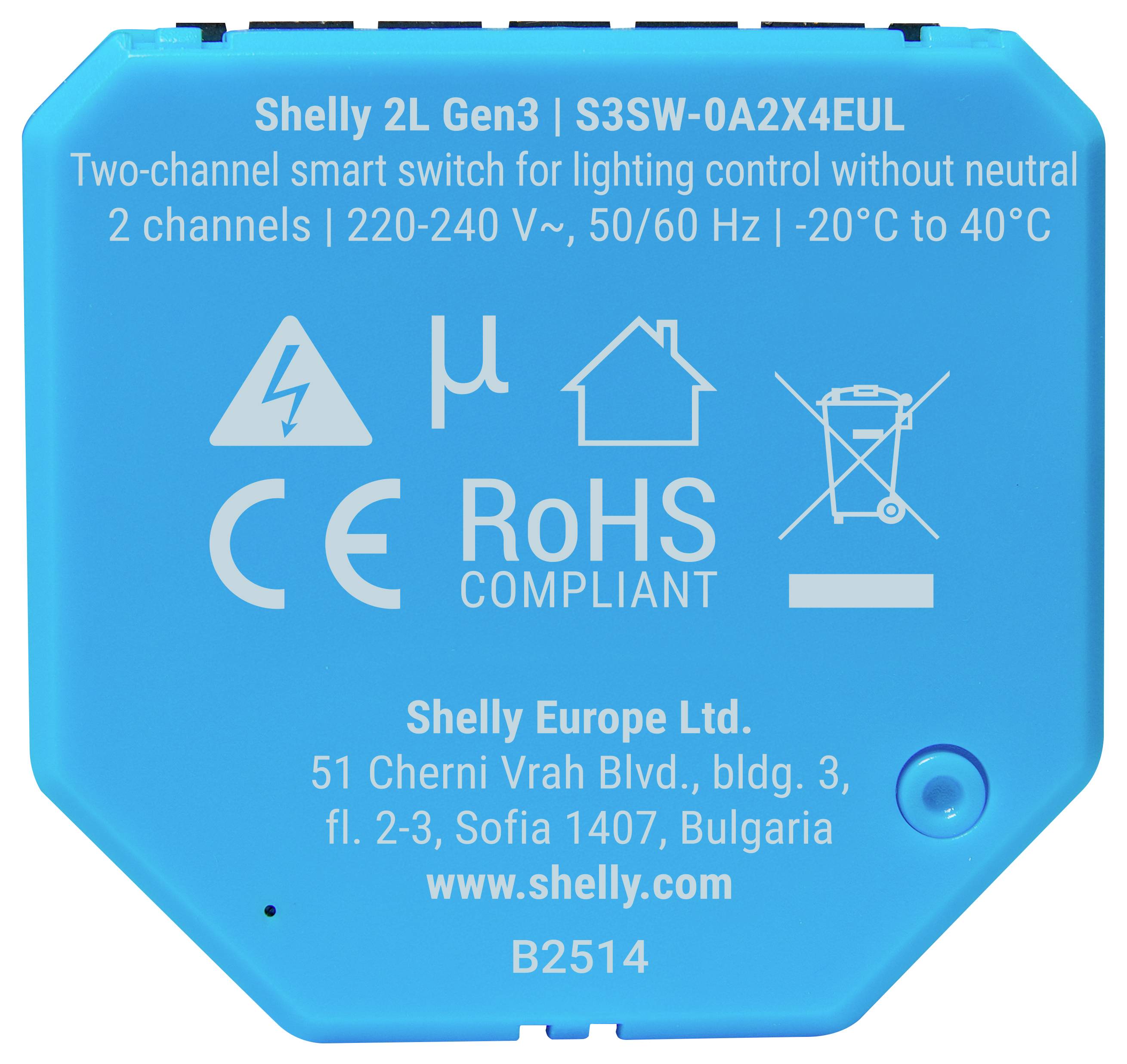 Dispositivo quadrato blu etichettato 'Shelly 2L Gen3', interruttore intelligente per il controllo dell'illuminazione, con due canali, con dettagli aziendali e simboli di conformità.