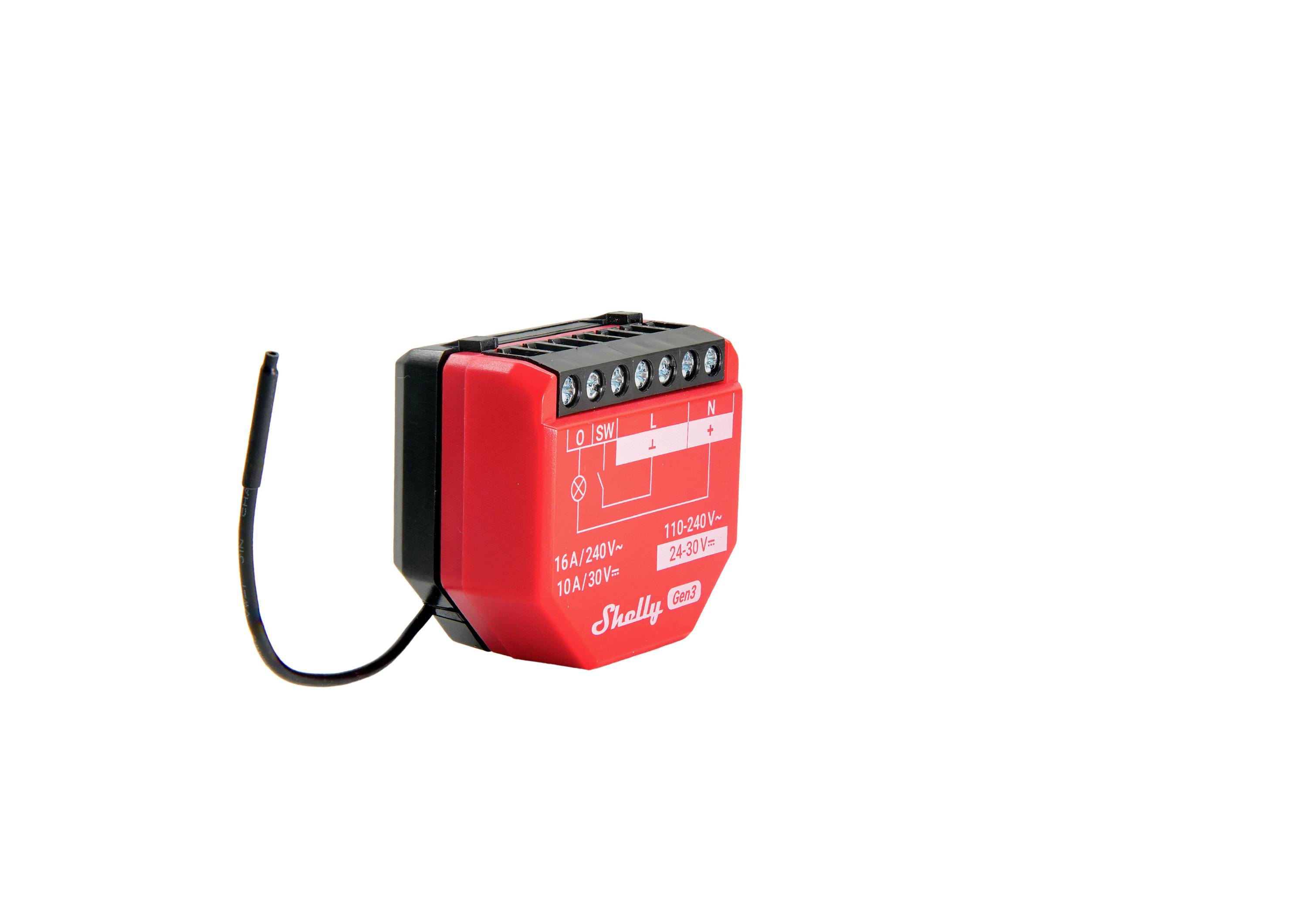 Un piccolo dispositivo relay intelligente rosso con connettori terminali e schema di cablaggio, utilizzato nei sistemi di domotica per il controllo dei circuiti elettrici.