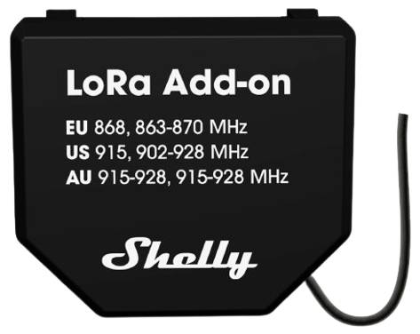 Dispositivo nero etichettato 'LoRa Add-on'. Elenca frequenze: EU 868, 863-870 MHz; US 915, 902-928 MHz; AU 915-928 MHz. Nome del marchio 'Shelly'.