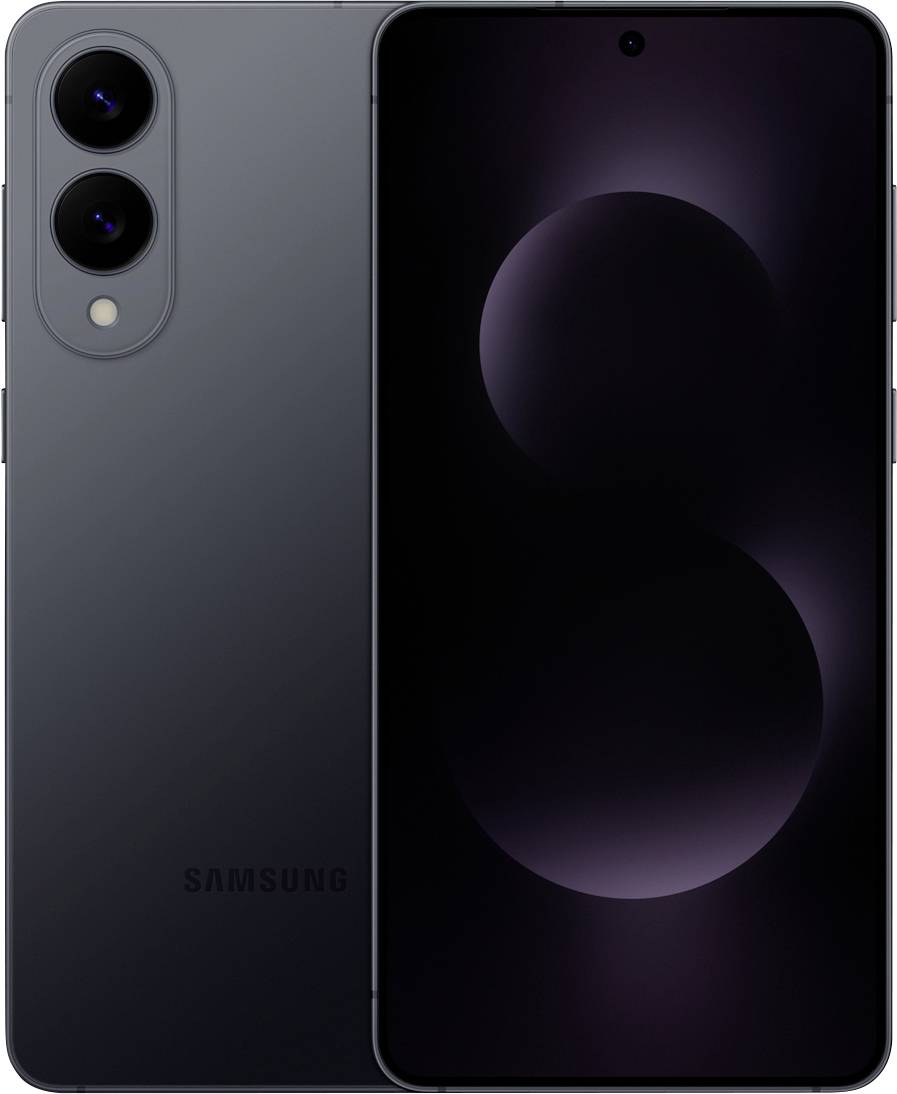 Un elegante smartphone nero che mostra il fronte e il retro; sul retro sono visibili due fotocamere. Il display frontale presenta un design astratto semplice.