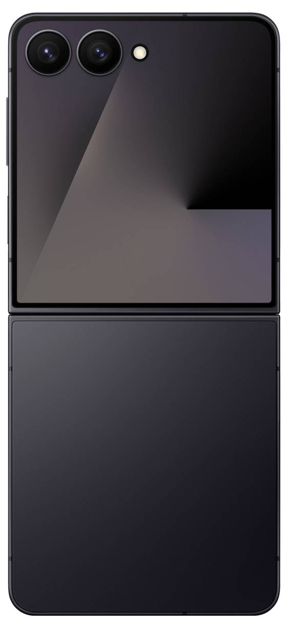 Un elegante smartphone pieghevole moderno parzialmente aperto, con doppia fotocamera sul retro e finitura nero opaca.