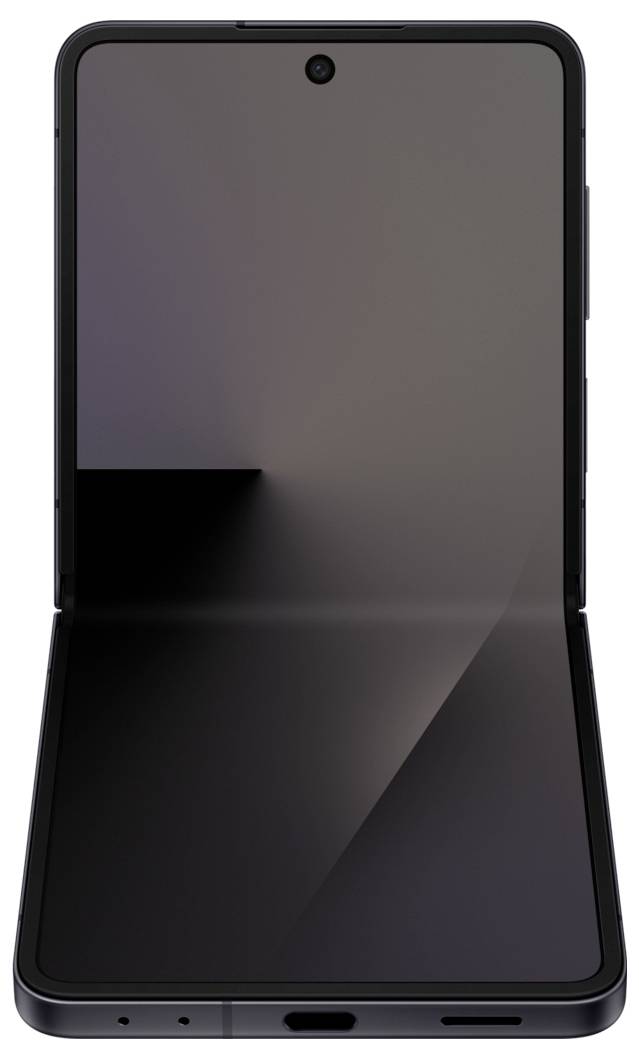 Un smartphone pieghevole parzialmente aperto, con uno schermo riflettente, con la cerniera visibile a metà. Il design è elegante e moderno.