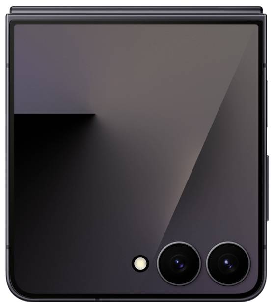 Un telefono a conchiglia nero chiuso con due obiettivi di fotocamera e un piccolo flash nell'angolo della sua superficie esterna.
