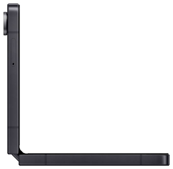 Vista laterale di uno smartphone pieghevole parzialmente aperto, che mostra la sua cerniera e il design elegante.