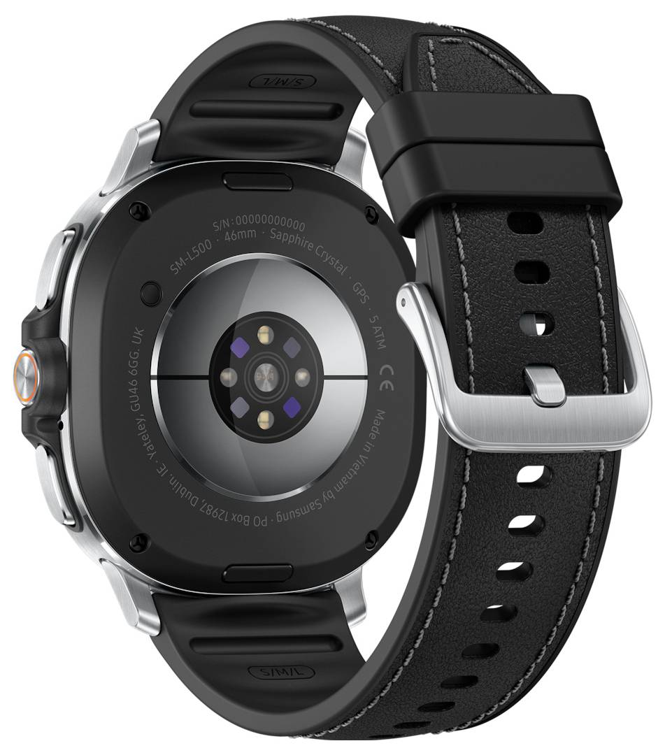 L'immagine mostra il retro di uno smartwatch con un cinturino in pelle nera, che mette in evidenza l'area dei sensori e la fibbia.