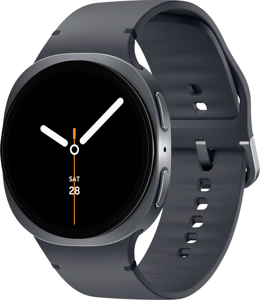 Un elegante smartwatch moderno con un cinturino scuro e un display rotondo. Il display mostra un orologio minimalista con lancette decise e la data 'SAT 28'.