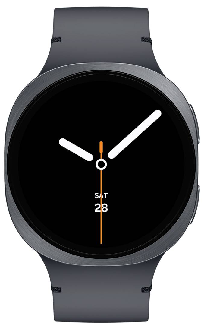 Un smartwatch con un cinturino grigio mostra un quadrante orologio in stile analogico che indica l'ora. La data riporta 'SAB 28' in piccolo testo sotto le lancette.